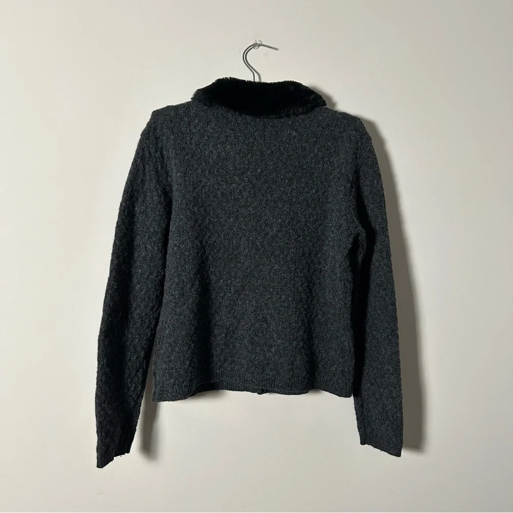 Gap Vintage 90s Faux Fur Collar Wool Cardigan Womens XL Grey Black - Picture 6 of 6